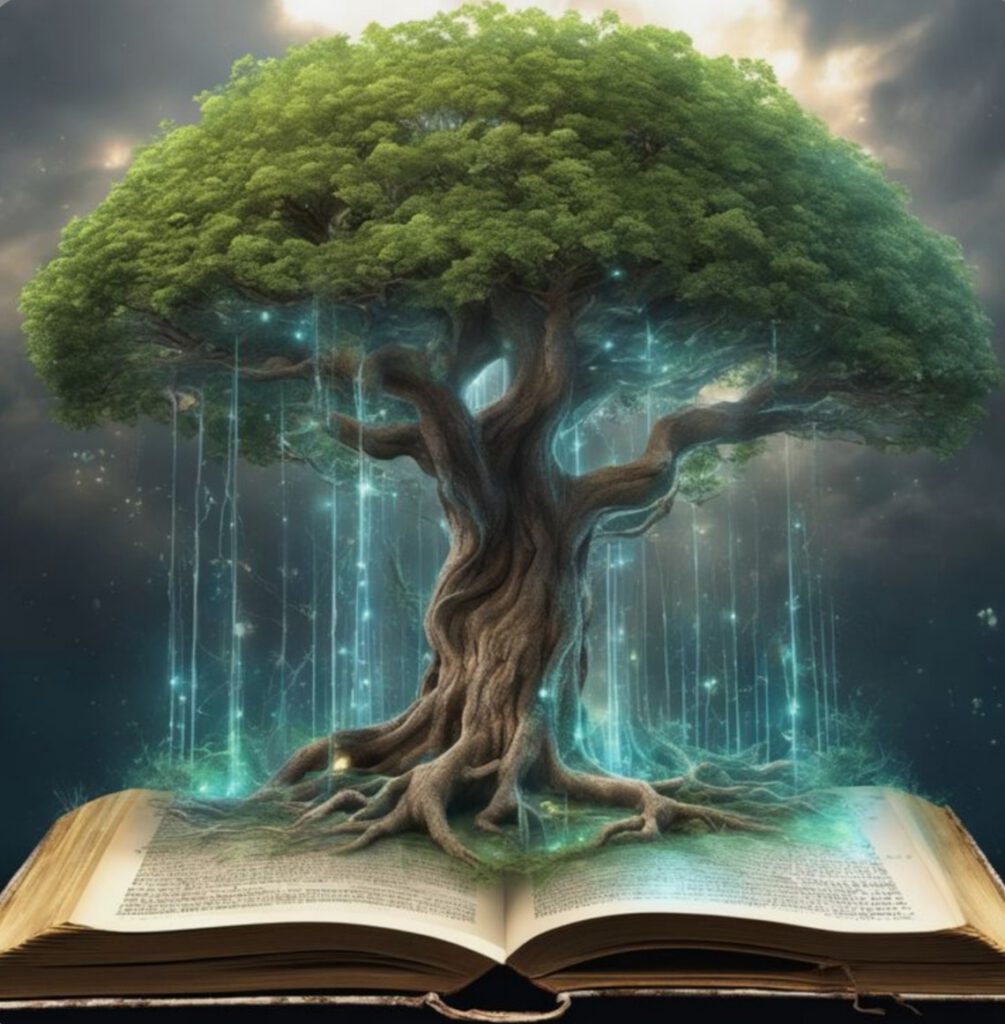 A tree with its roots on an open book