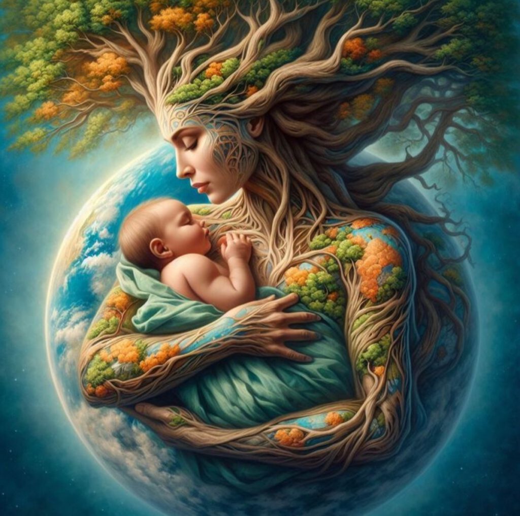 A woman holding a baby, with the planet Earth in the background